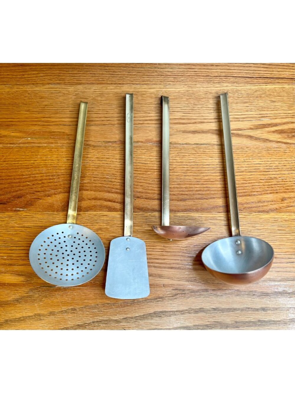 Vintage Copper & Brass Kitchen Utensils - Set Of 4 - Skimmer ,Spatula ,Small Lad